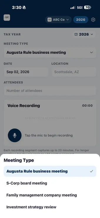 The Meeting Minutes screen: meeting type set to Augusta Rule business meeting, date September 2 2026, location Scottsdale AZ, attendees field and a voice recording control.