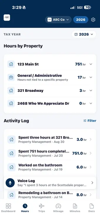 The dashboard showing a material participation alert, 771 hours logged, Augusta days used, business trips and documents in vault, with a Switch Business panel listing an S-Corp, an LLC and a second S-Corp.