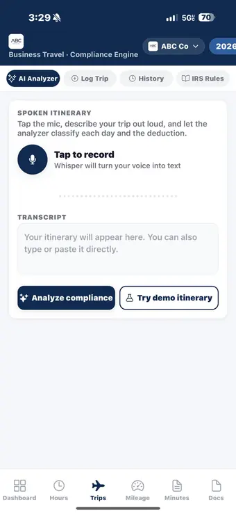 The Business Travel AI Analyzer: a spoken itinerary panel with a tap-to-record microphone, a transcript field and Analyze compliance and Try demo itinerary buttons.